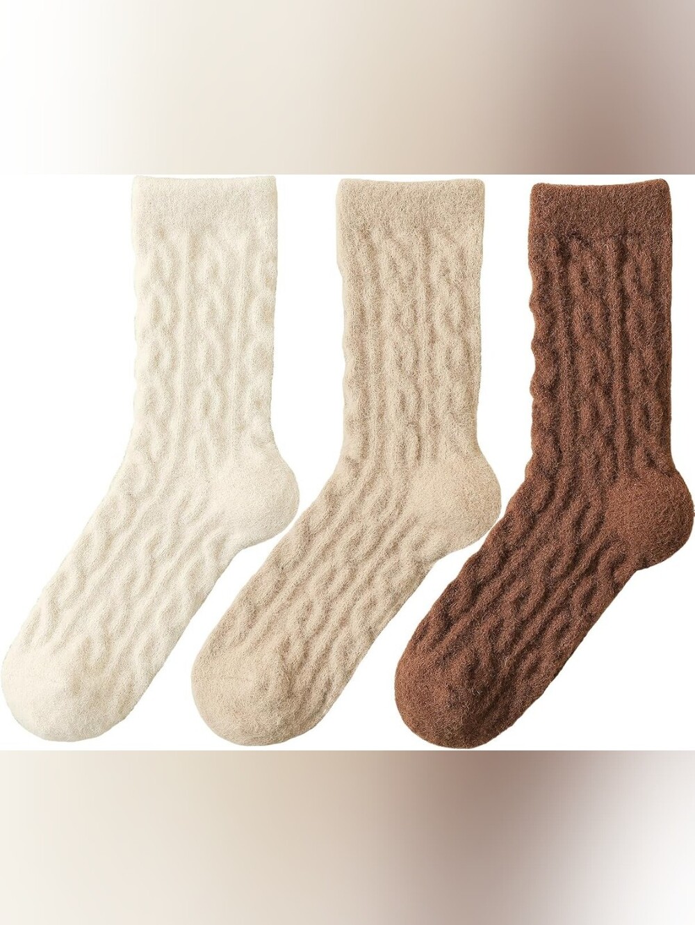 Cozy Cable-Knit Men's Crew Socks - 3-Pack (Cream, Beige, Brown)